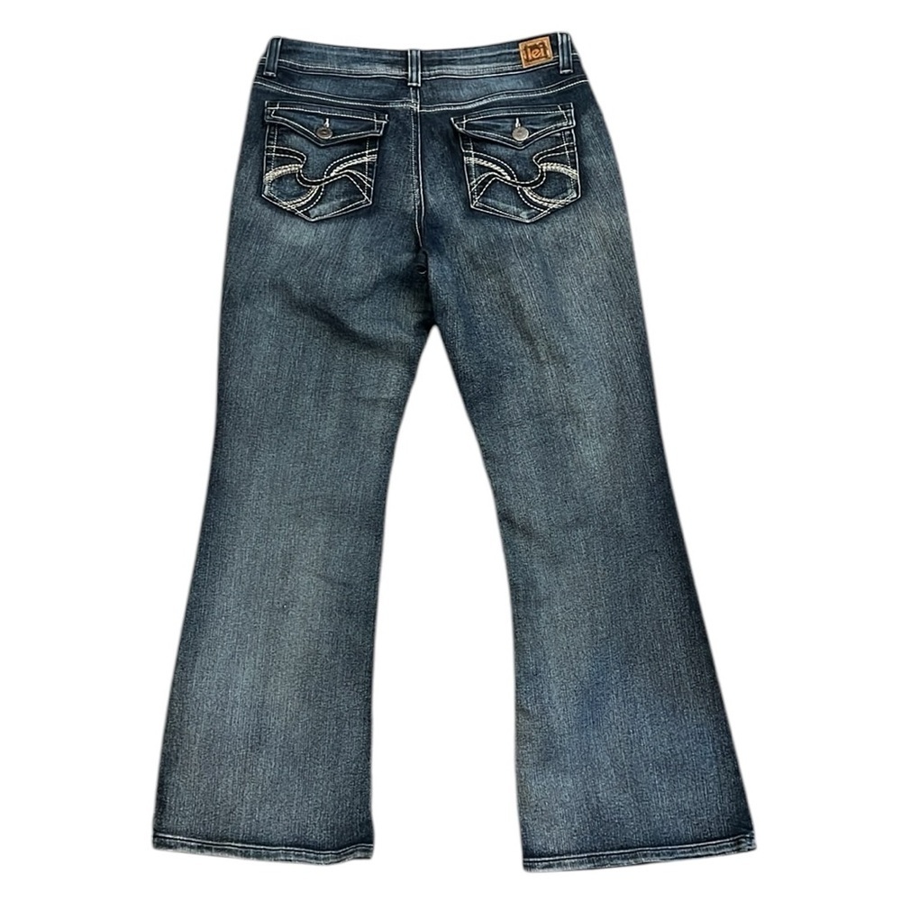 Y2K LEI Sophia Hipster Flare Jean Blue Embroidery Whispered Flap Pockets 13S/29L - Picture 11 of 13